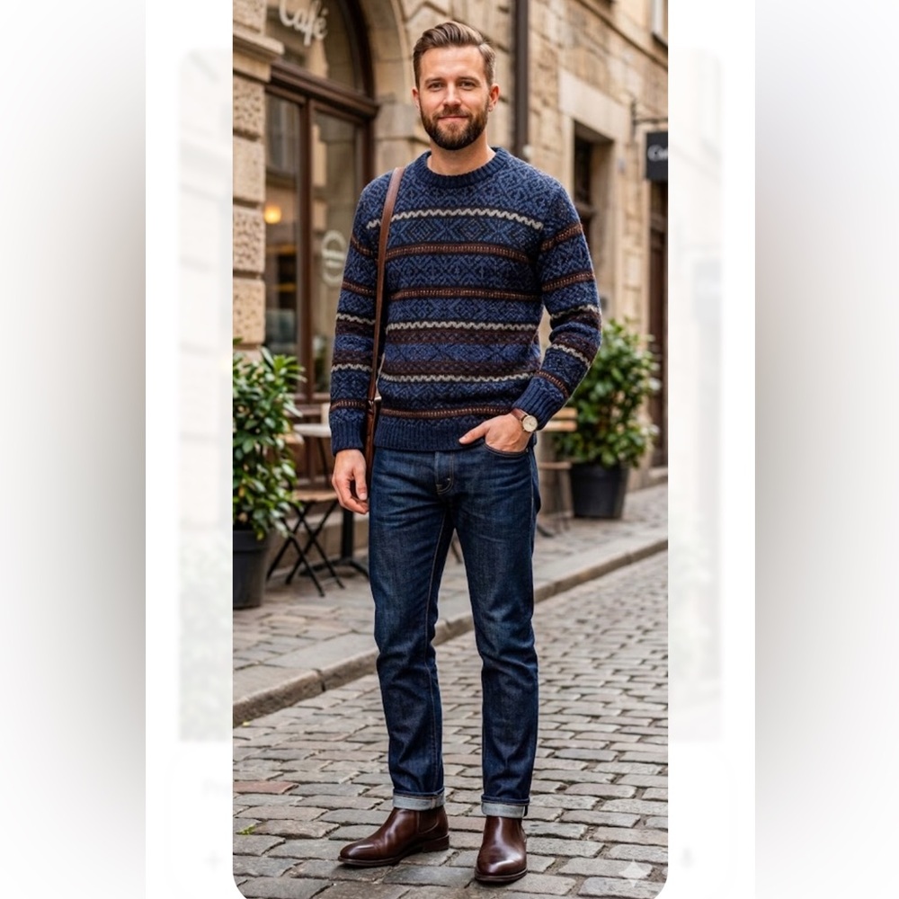 Navy & Brown Patterned Crewneck Sweater - Picture 2 of 8